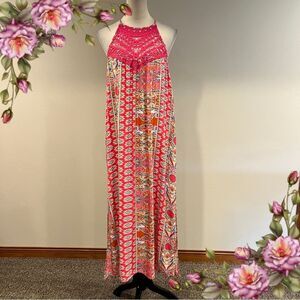Faroro Pink Patterned Halter Maxi Dress with lace details size extra large